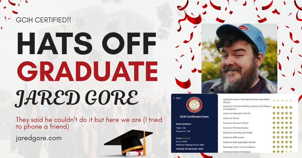 GCIH Certification Exam Results showing 92% score with gold stars across all CyberLive categories - December 2025