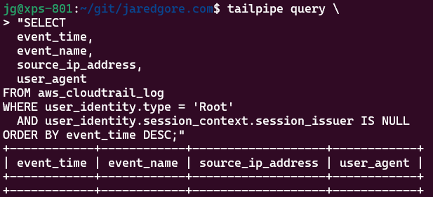 Tailpipe root query login results