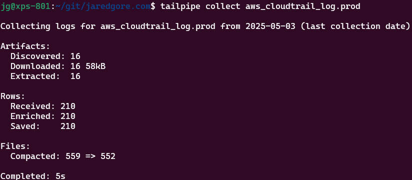 Tailpipe collecting CloudTrail logs Tailpipe collecting CloudTrail logs